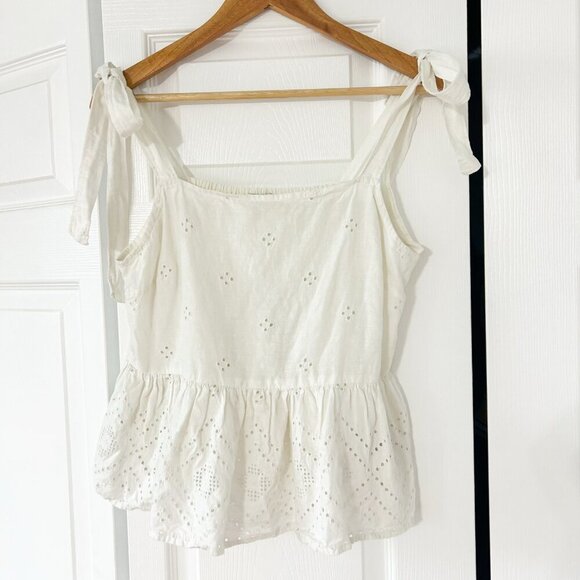 Madewell Rosalie White Tie-Strap Geometric Eyelet Peplum Top Women’s Large - Picture 4 of 8